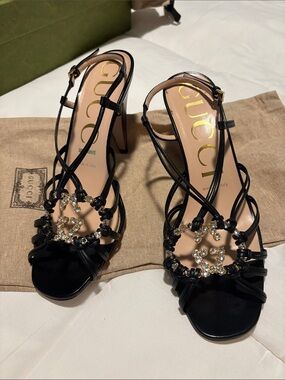 Gucci Black Strappy Crystal Logo-Heel Sandals- worn once